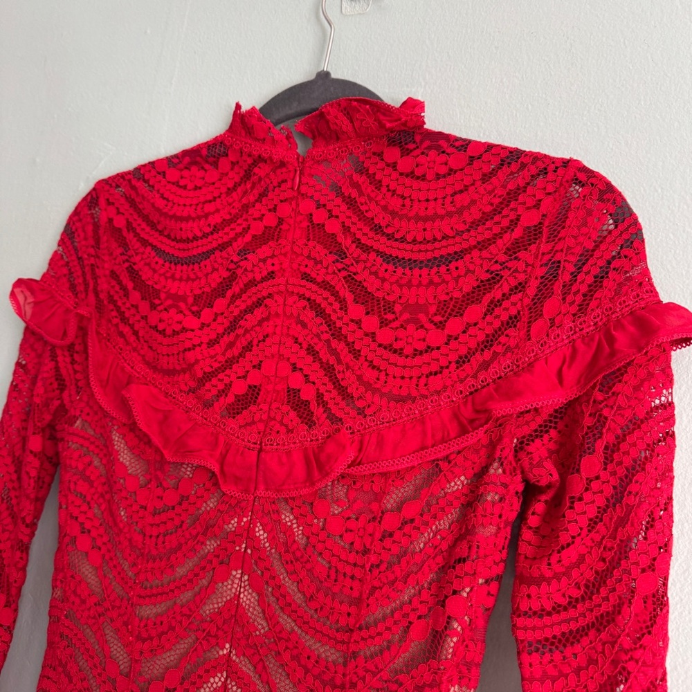 Jonathan Simkhai Red Lace Ruffle Mini Dress Long Sleeve Scallop Cocktail XS sz2 - Picture 13 of 15